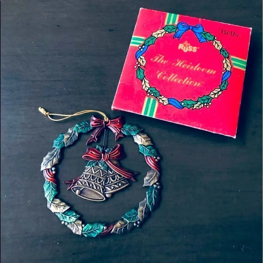 Russ Vintage Christmas Wreath Silver Holly Bells Holiday Ornament